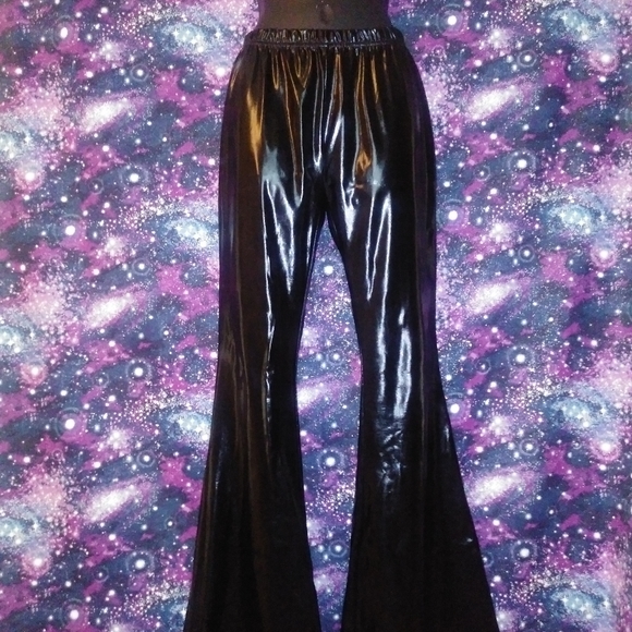 Black Vinyl PVC Latex Bell Bottoms - Picture 1 of 2